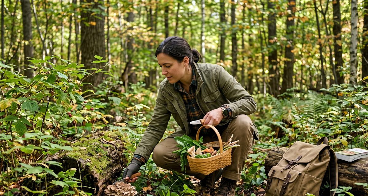 Person foraging wild edible plants and berries in a forest