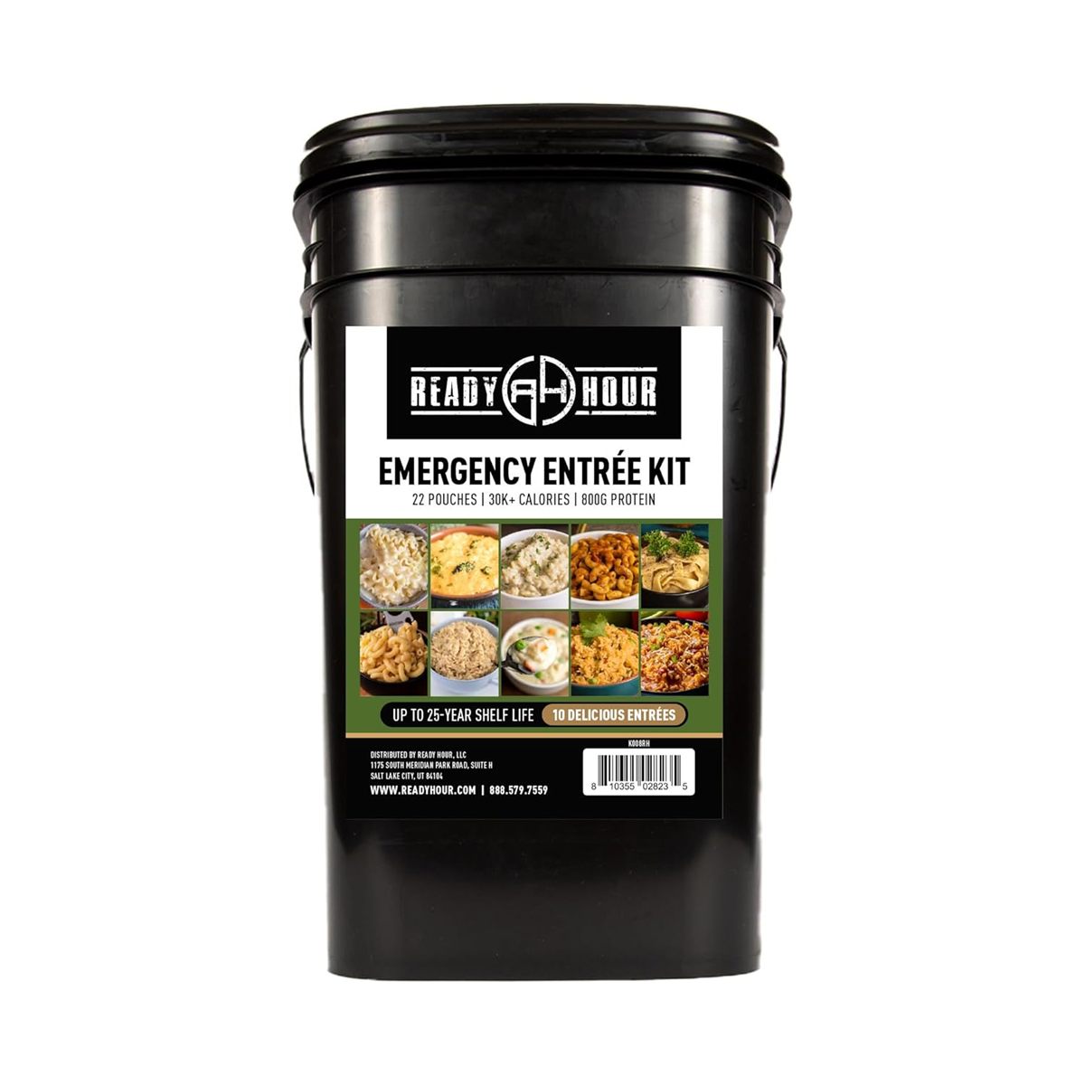 Large emergency food supply bucket with freeze-dried survival meals
