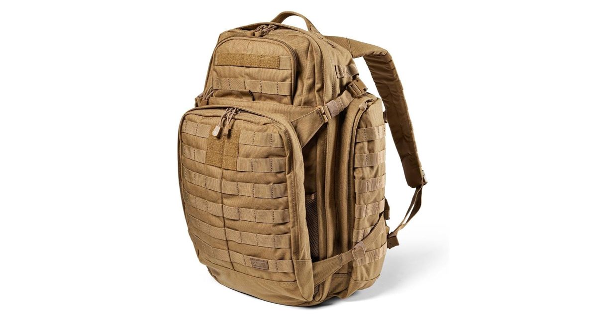 Packed MOLLE bug out bag ready for emergency evacuation