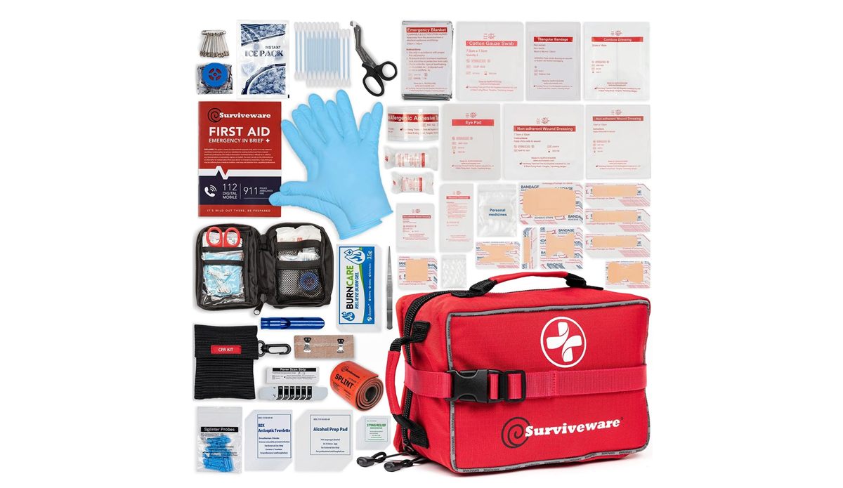 Emergency Medical Preparedness - Comprehensive Survival First Aid Kit Comprehensive premium survival first aid kit contents laid out